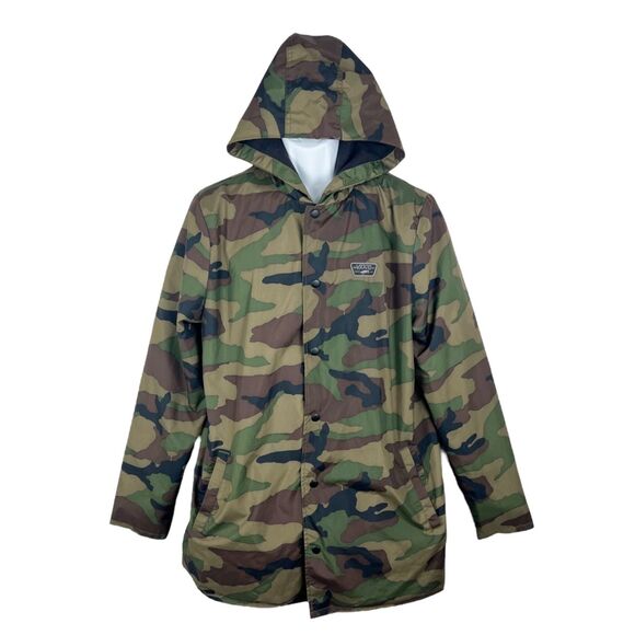 Vans Windbreaker Jacket Men Medium Green Camo Snap Button Up Long Sleeve Hoodie - Picture 1 of 15